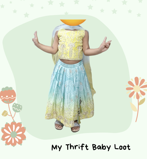 Preloved green blue bandhani print ghagra choli (2-4 years)